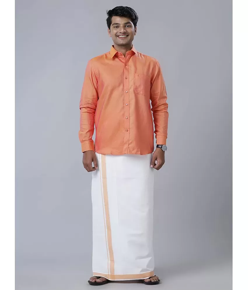 Ramraj cotton Peach Cotton Blend Regular Fit Men's Dhoti Shirt Set