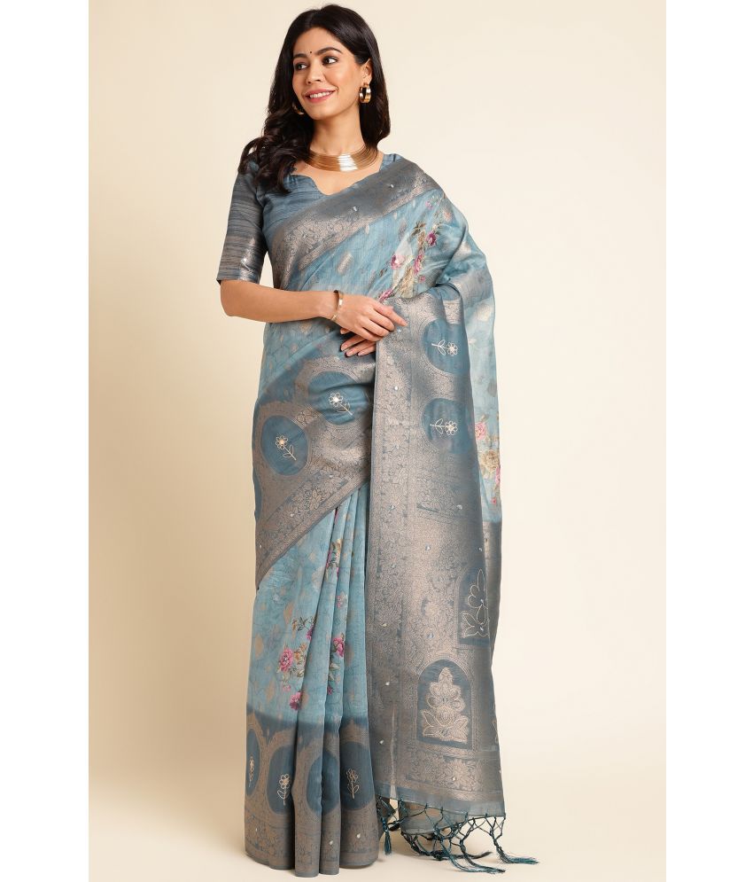     			Rekha Maniyar Fashions Cotton Silk Printed Saree With Blouse Piece - Teal ( Pack of 1 )