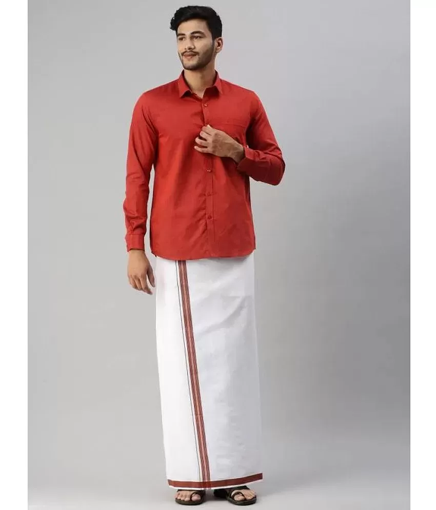 Ramraj cotton Burgandy Cotton Blend Regular Fit Men's Dhoti Shirt