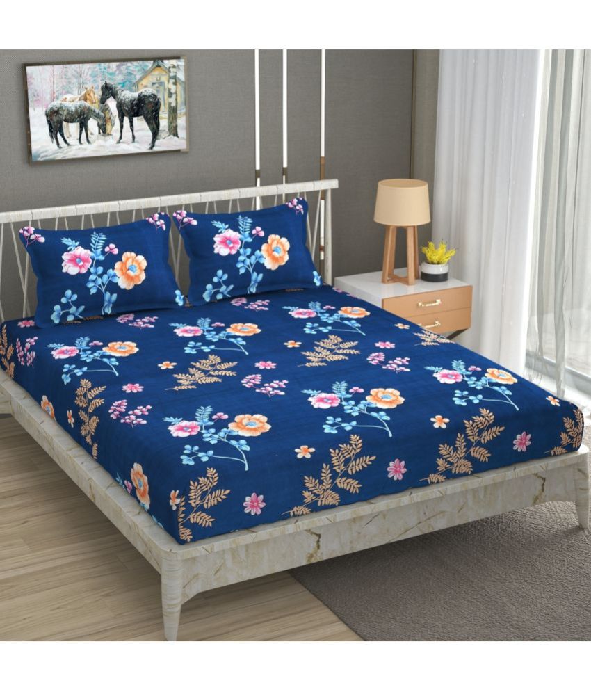     			Homefab India Microfiber Floral Double Bedsheet with 2 Pillow Covers - Blue