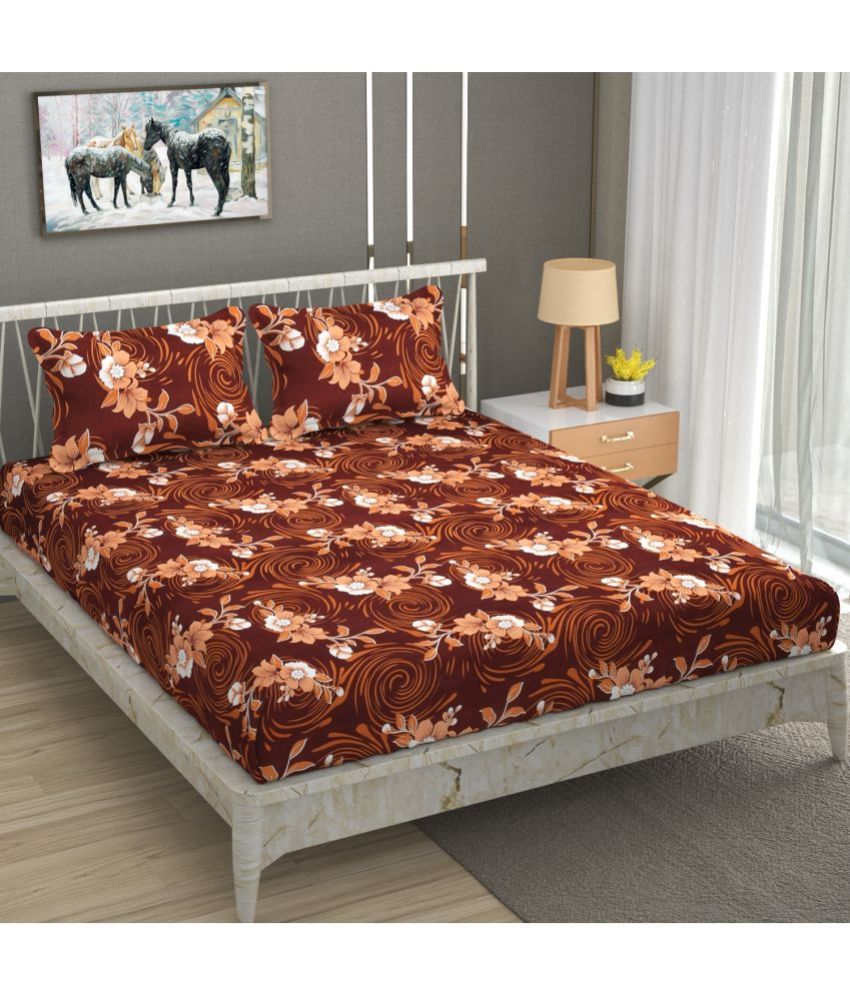    			Homefab India Microfiber Floral Double Bedsheet with 2 Pillow Covers - Brown