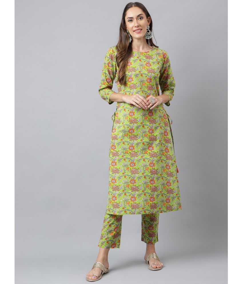     			Janasya Cotton Printed Kurti With Pants Women's Stitched Salwar Suit - Lime Green ( Pack of 1 )