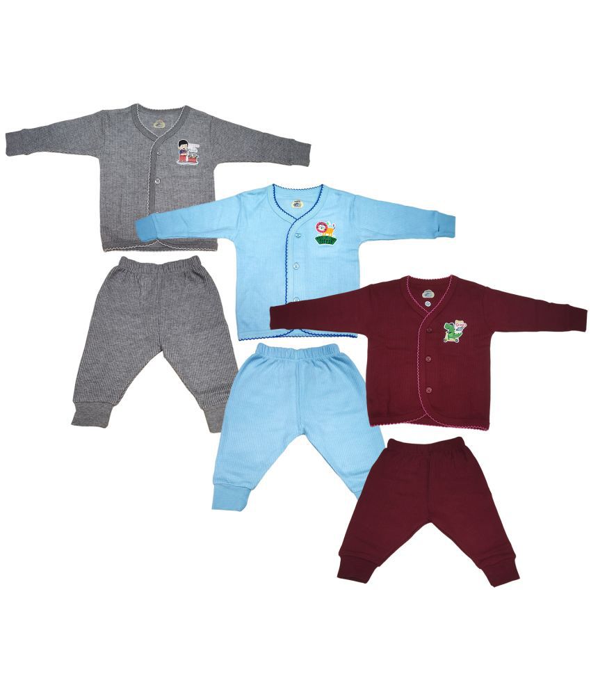     			Lux Inferno Grey, Maroon and SkyBlue Front Open Full Sleeves Upper & Lower Thermal Set for Unisex/Kids/Baby - Pack of 3 (#Toddler)