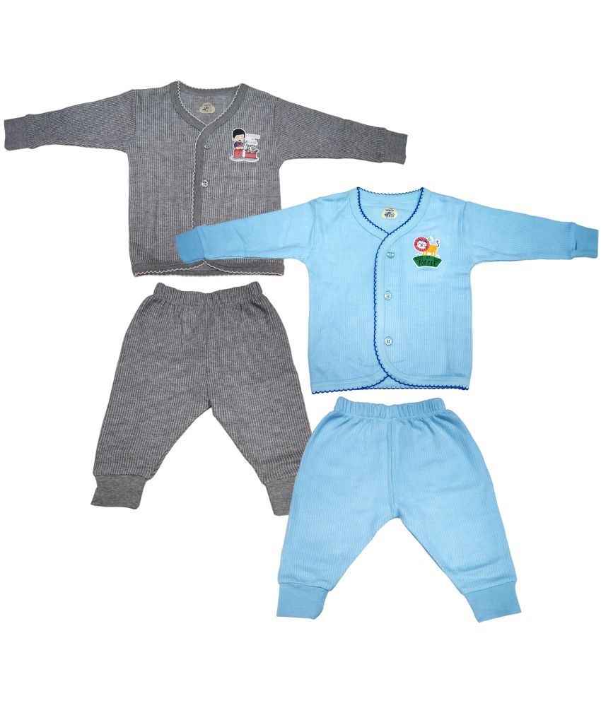     			Lux Inferno Grey and SkyBlue Front Open Full Sleeves Upper & Lower Thermal Set for Unisex/Kids/Baby - Pack of 2 (#Toddler)