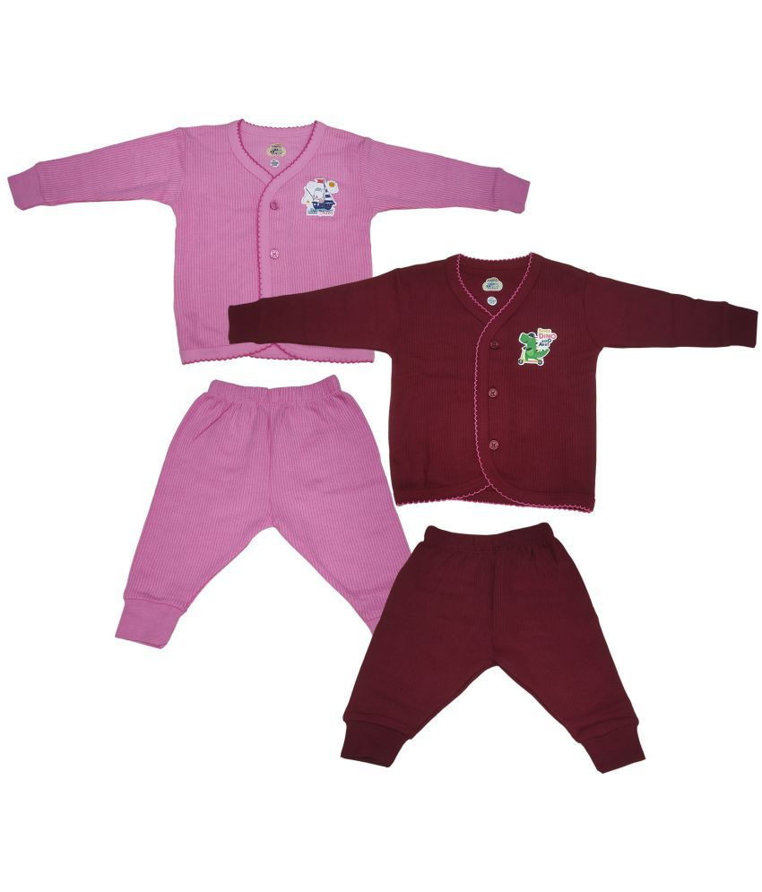     			Lux Inferno Maroon and Pink Front Open Full Sleeves Upper & Lower Thermal Set for Unisex/Kids/Baby - Pack of 2 (#Toddler)