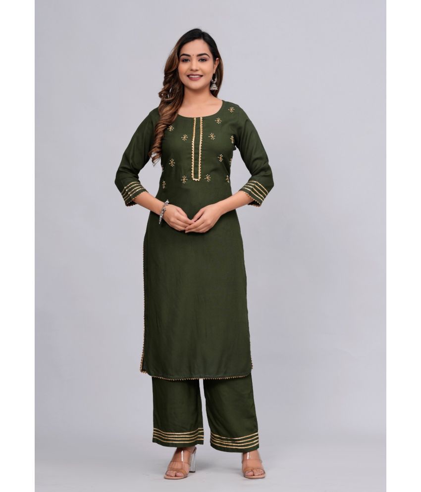     			MAUKA Rayon Embellished Kurti With Palazzo Women's Stitched Salwar Suit - Green ( Pack of 1 )