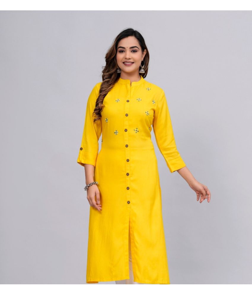     			MAUKA Rayon Embroidered Front Slit Women's Kurti - Yellow ( Pack of 1 )
