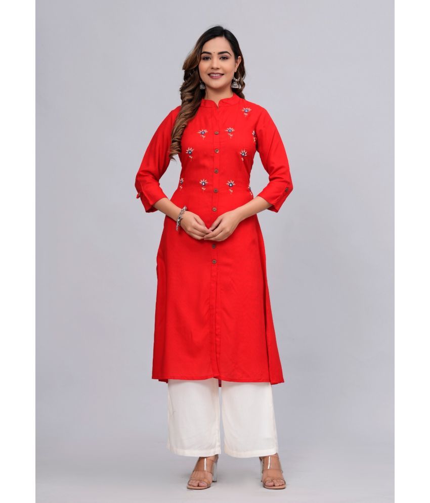     			MAUKA Rayon Embroidered Kurti With Palazzo Women's Stitched Salwar Suit - Red ( Pack of 1 )