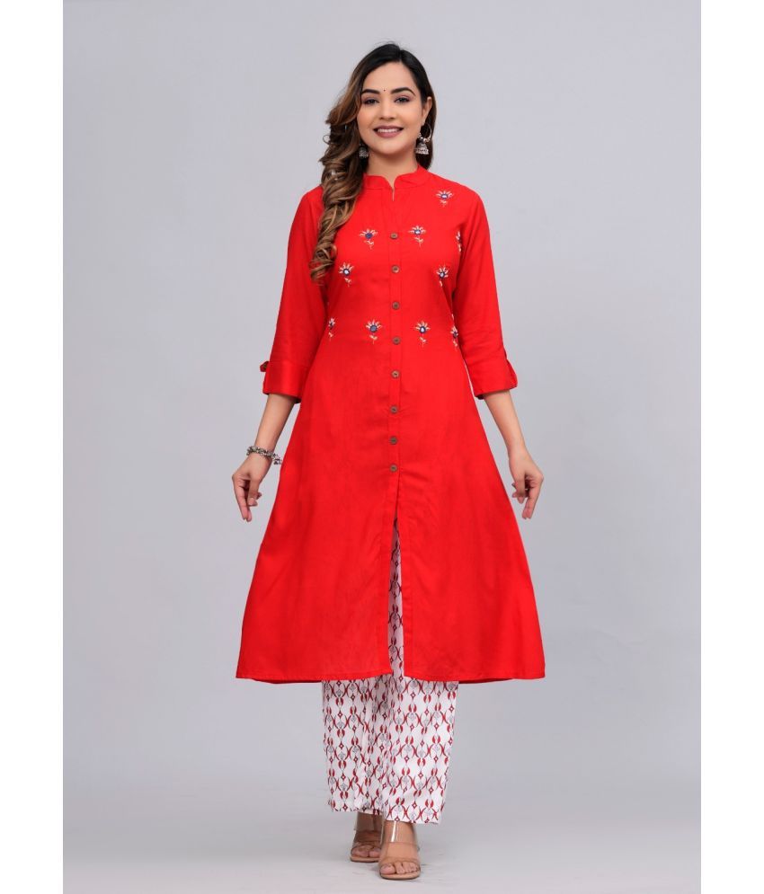     			MAUKA Rayon Embroidered Kurti With Palazzo Women's Stitched Salwar Suit - Red ( Pack of 1 )