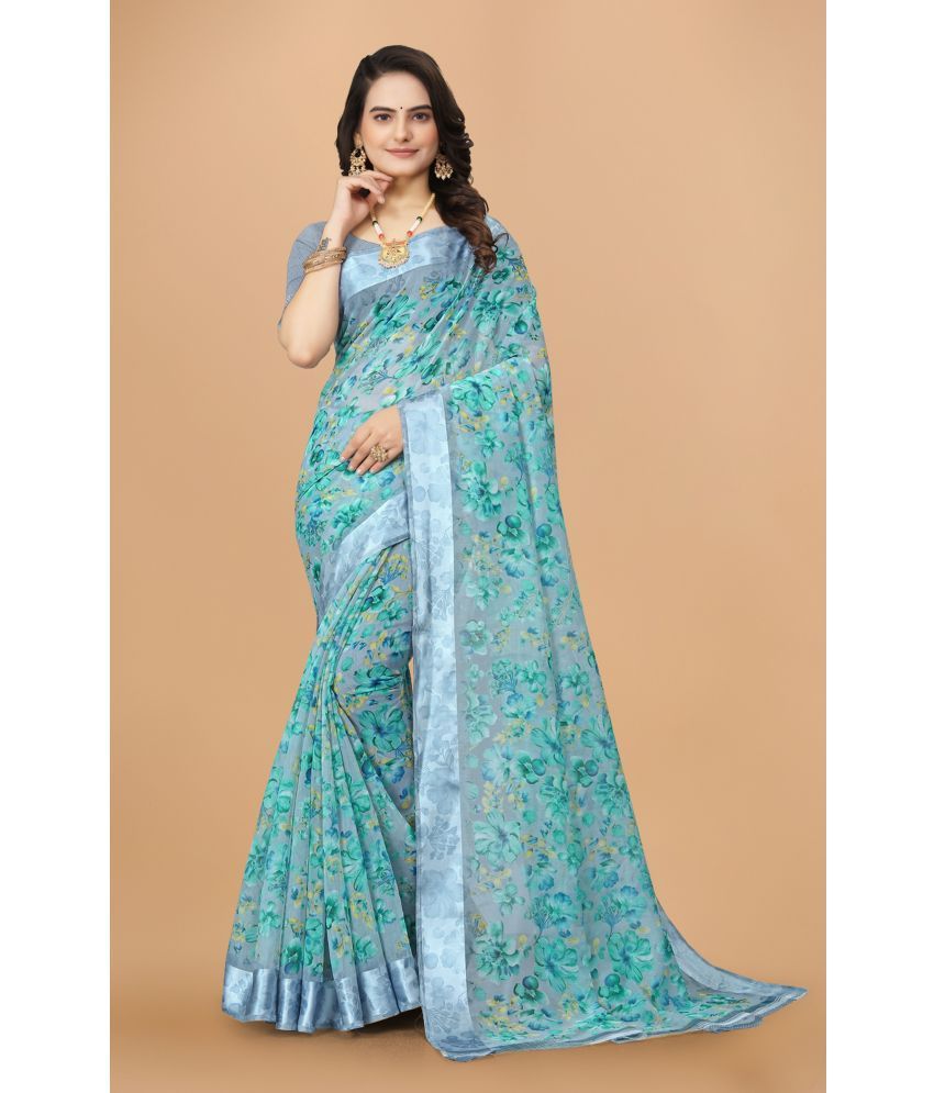     			Rekha Maniyar Fashions Linen Printed Saree With Blouse Piece - Blue ( Pack of 1 )