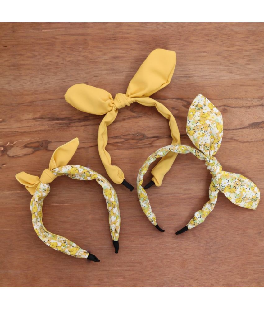     			Yellow Bee Floral Printed & Solid With Knot Detail Hair Bands Set Of 3, Yellow