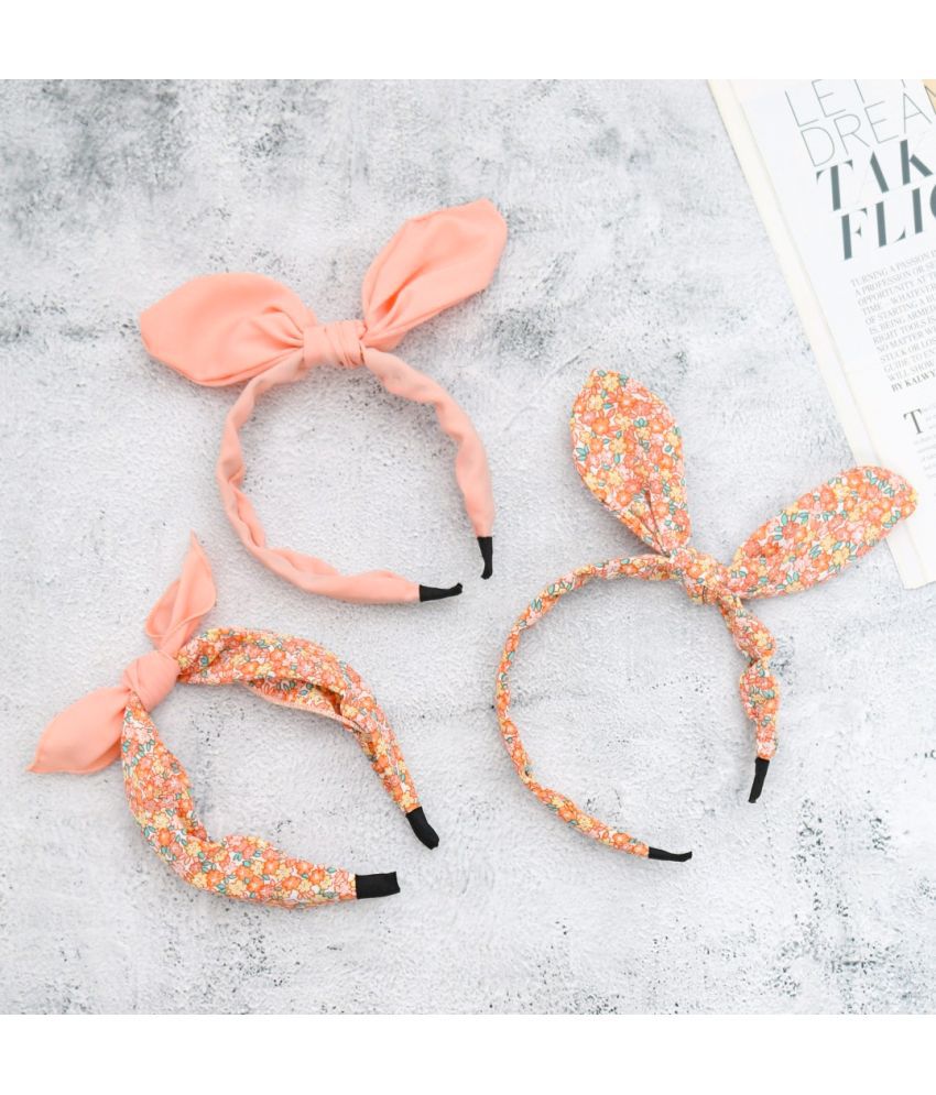     			Yellow Bee Floral Printed & Solid With Knot Detail Hair Bands Set Of 3, Peach