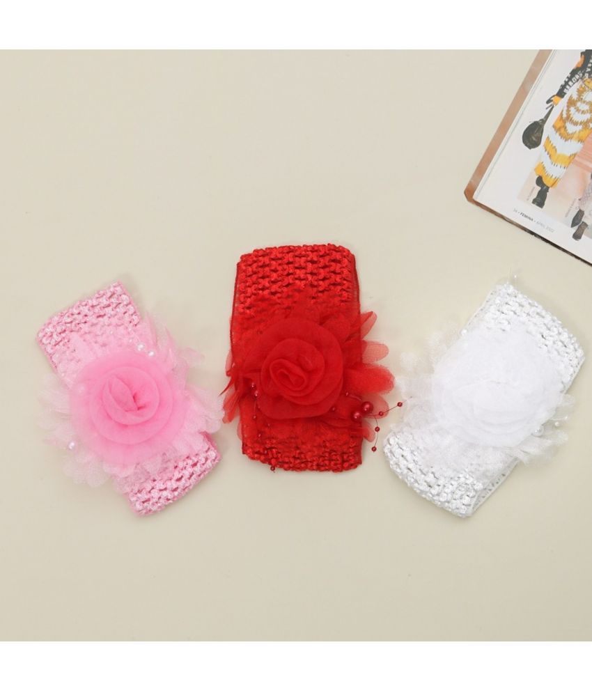     			Yellow Bee Flower Crochet Appliqued & Embroidered Detail Headbands Set Of 3, Red, Pink And White