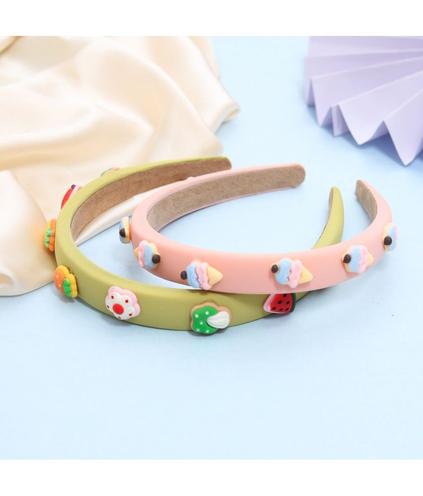     			Yellow Bee Set Of 2 Ice Cream & Fruits Embellished Hair Band - Peach & Green