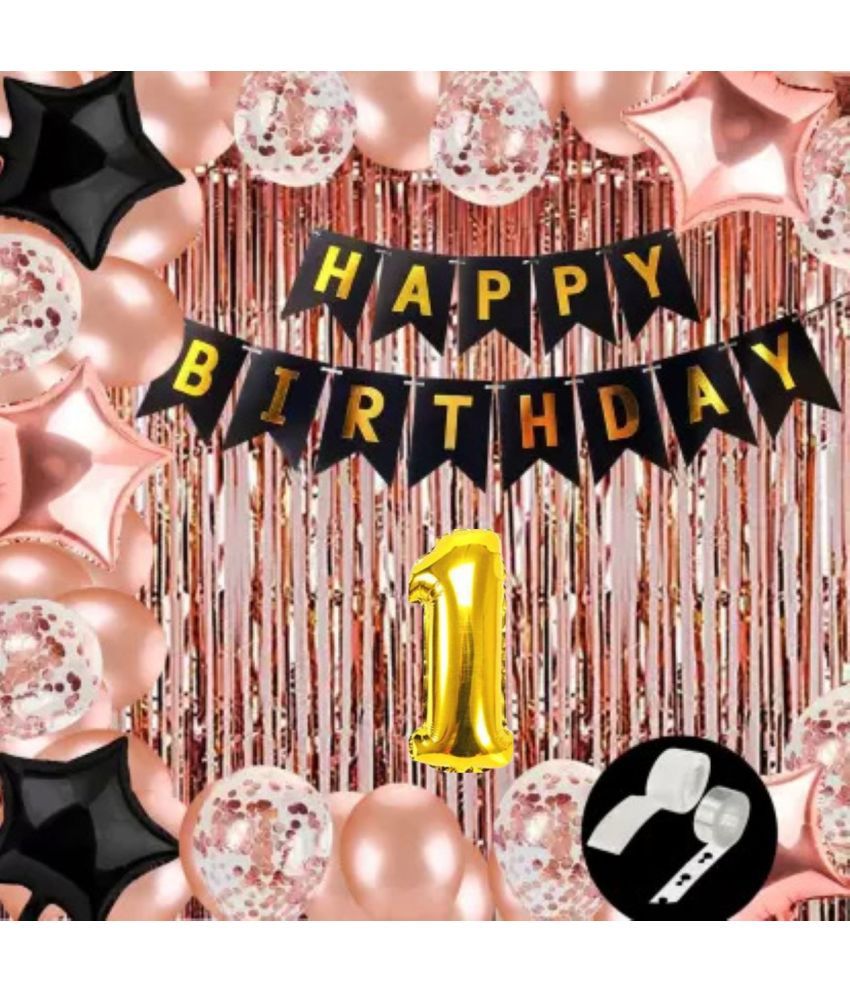     			KR 1ST BIRTHDAY DECORATION WITH HAPPY BIRTHDAY BLACK BANNER ( 13 ), 2 ROSE GOLD CURTAIN 2 BLACK 2 ROSE GOLD STAR 1 ARCH 1 GLUE 5 CONFETTI 30 ROSE GOLD BALLOON 1 NO. GOLD FOIL BALLOON