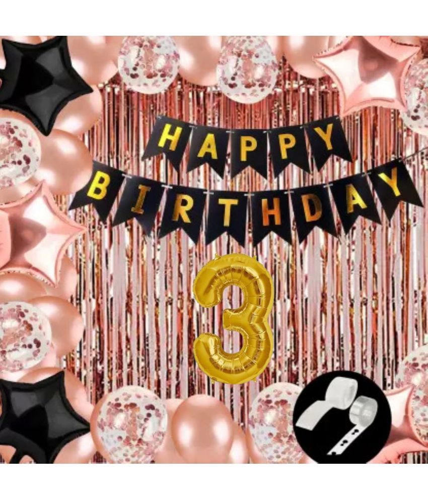     			KR 3RD / THIRD BIRTHDAY DECORATION WITH HAPPY BIRTHDAY BLACK BANNER ( 13 ), 2 ROSE GOLD CURTAIN 2 BLACK 2 ROSE GOLD STAR 1 ARCH 1 GLUE 5 CONFETTI 30 ROSE GOLD BALLOON 3 NO. GOLD FOIL BALLOO