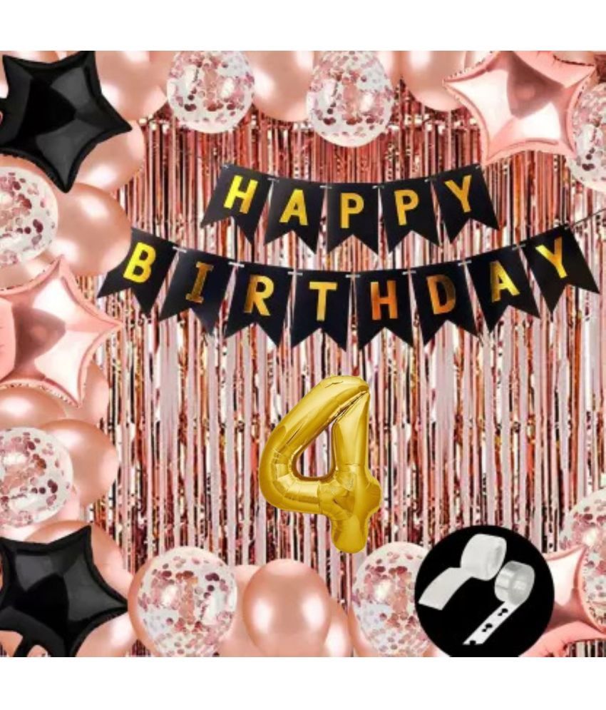     			KR 4TH / FOURTH BIRTHDAY DECORATION WITH HAPPY BIRTHDAY BLACK BANNER ( 13 ), 2 ROSE GOLD CURTAIN 2 BLACK 2 ROSE GOLD STAR 1 ARCH 1 GLUE 5 CONFETTI 30 ROSE GOLD BALLOON 4 NO. GOLD FOIL BALLOO