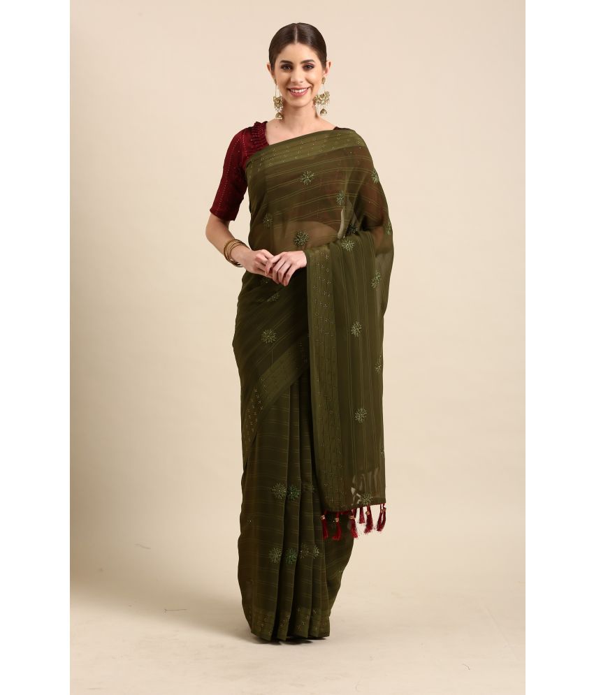     			Rekha Maniyar Fashions Georgette Embellished Saree With Blouse Piece - Olive ( Pack of 1 )