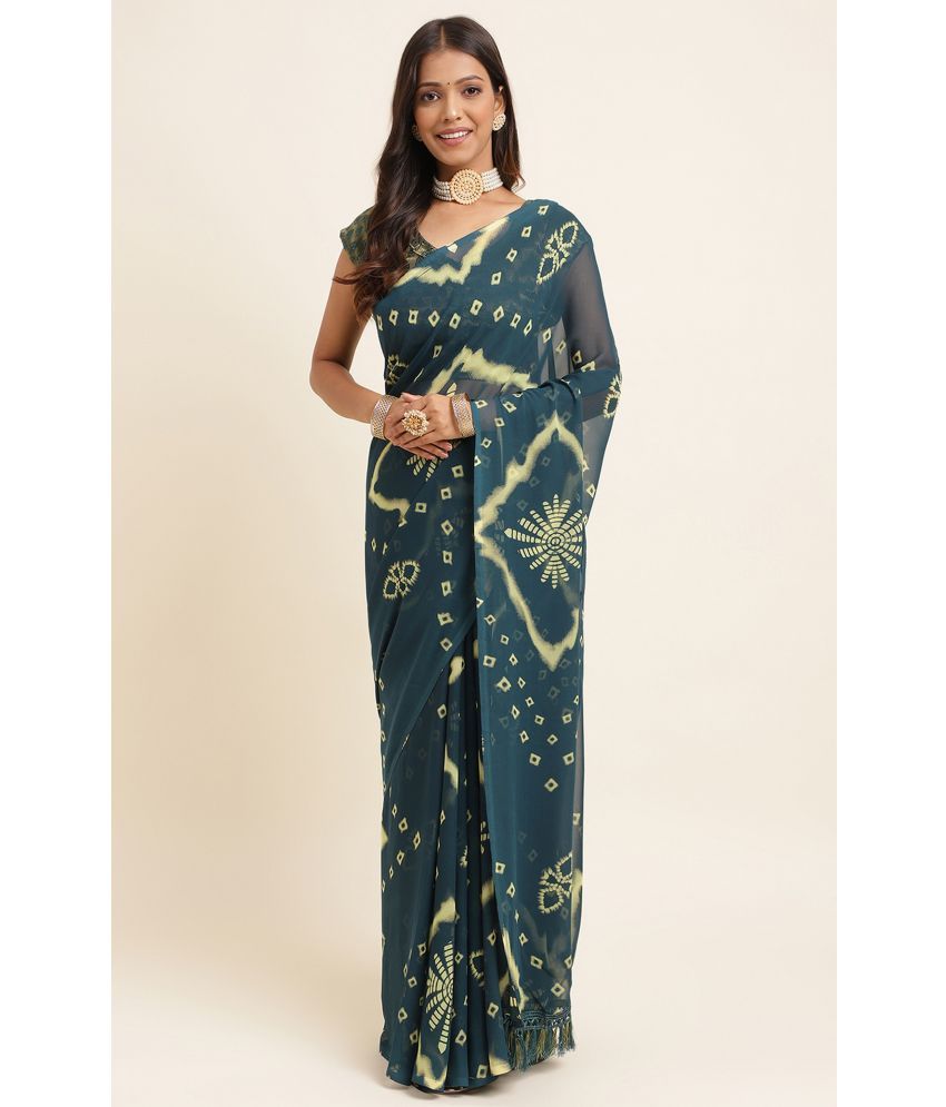     			Rekha Maniyar Georgette Printed Saree With Blouse Piece - Teal ( Pack of 1 )