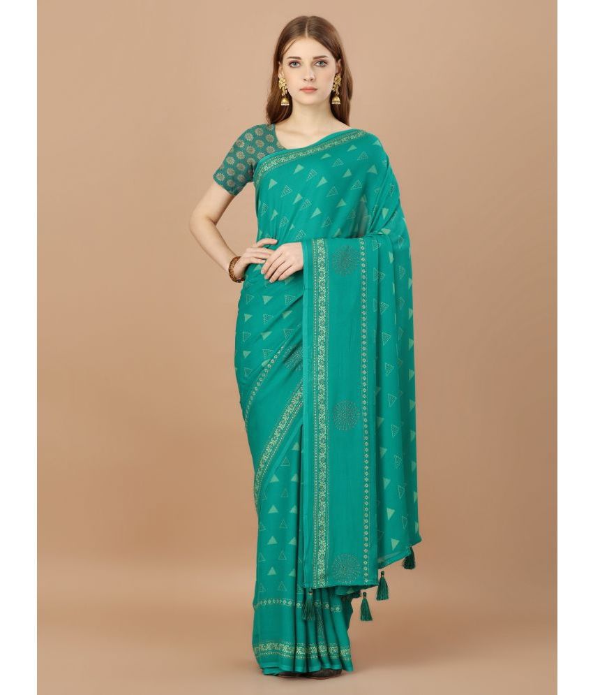     			Rekha Maniyar Fashions Georgette Printed Saree With Blouse Piece - Sea Green ( Pack of 1 )