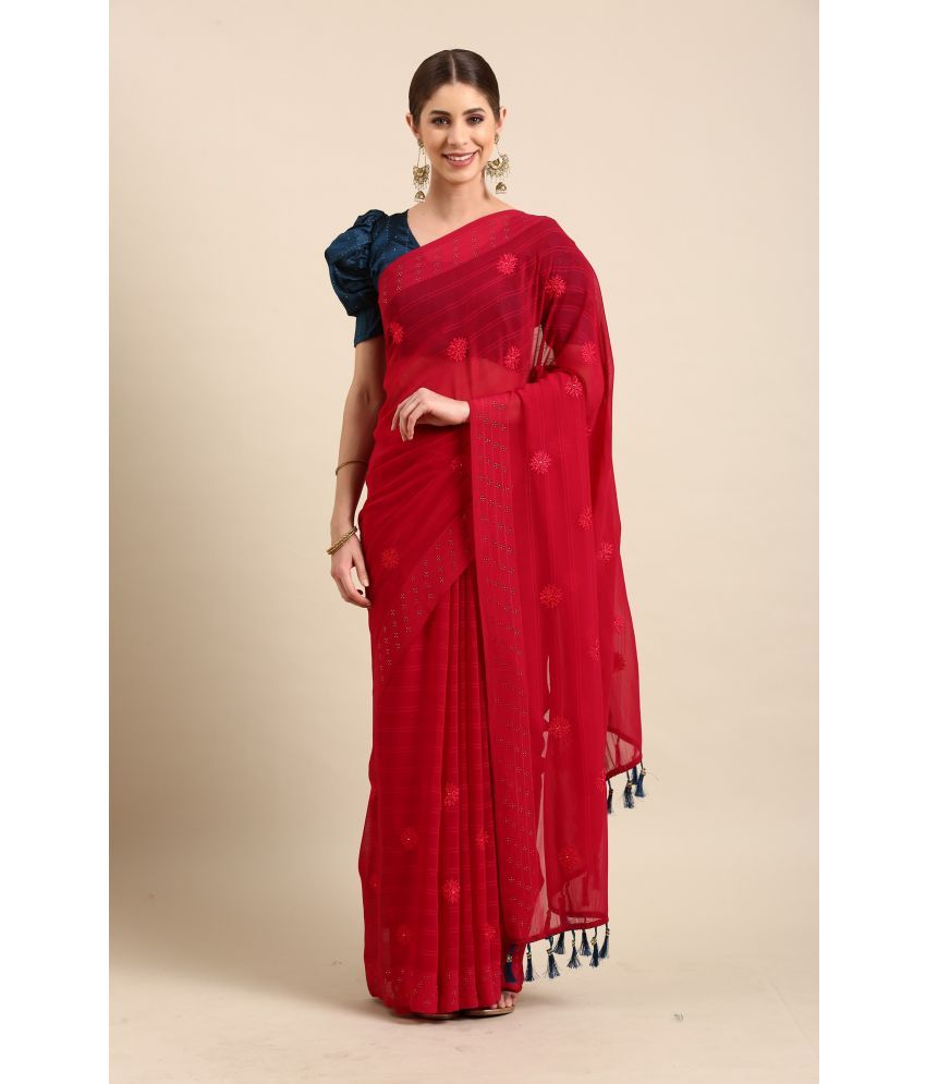     			Rekha Maniyar Georgette Self Design Saree With Blouse Piece - Red ( Pack of 1 )