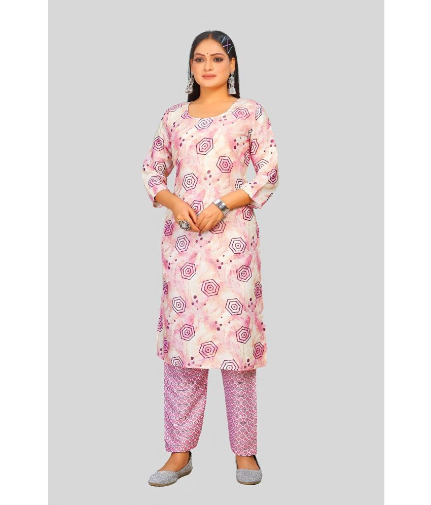     			Sanwariya Silks Cotton Blend Printed Straight Women's Kurti - Pink ( Pack of 1 )