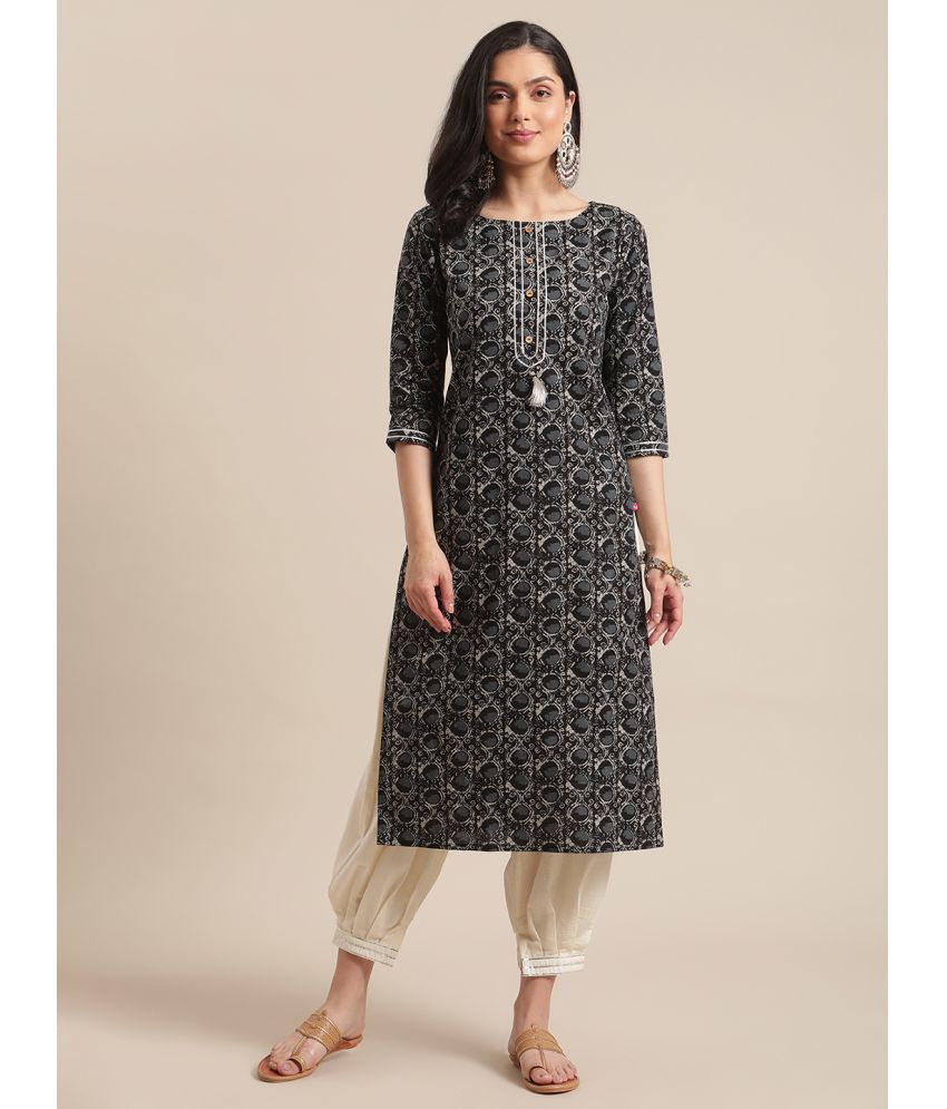     			Varanga Cotton Printed Straight Women's Kurti - Black ( Pack of 1 )