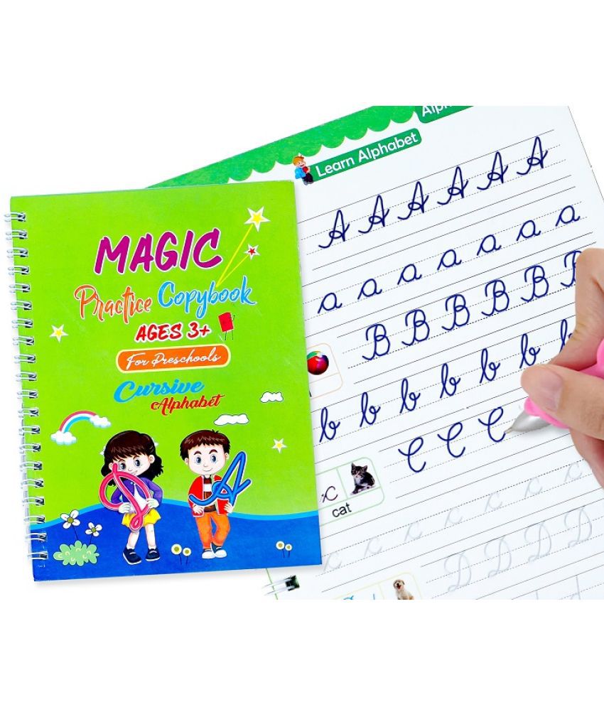     			Cursive Writing Magic Practice Copy Book 4Book+10Reffils+1Pen+1Grip (Cursive+Alphabet +Number+Drawing Boo