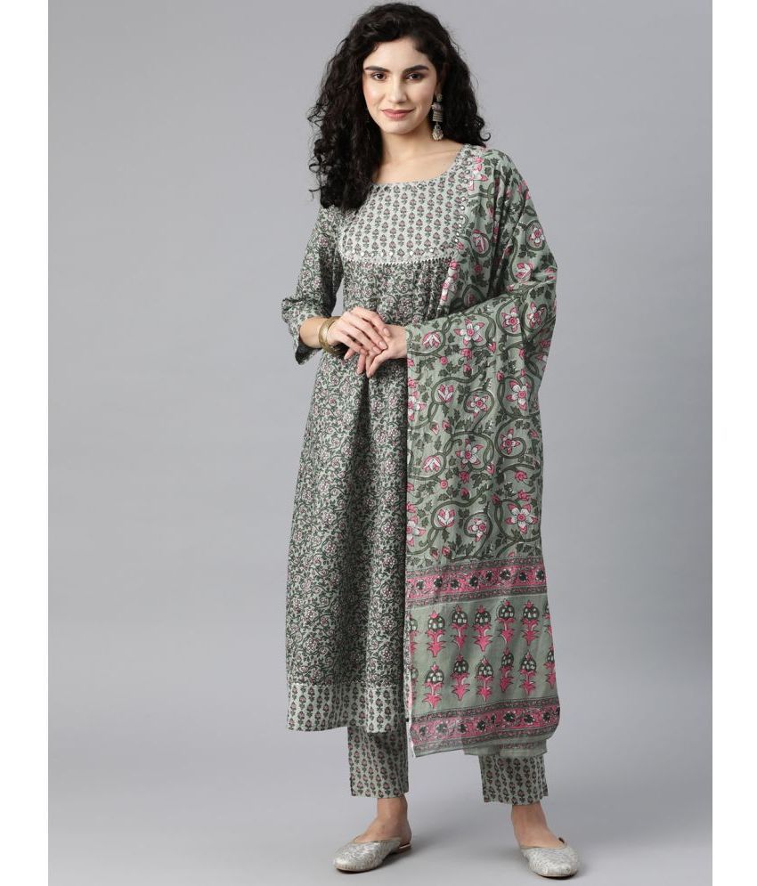     			Glorious Cotton Printed Kurti With Pants Women's Stitched Salwar Suit - Green ( Pack of 1 )