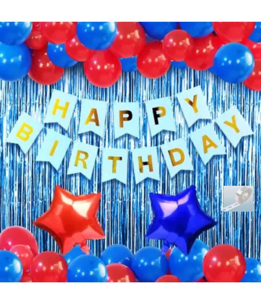     			KR HAPPY BIRTHDAY DECORATION WITH HAPPY BIRTHDAY BLUE BANNER ( 13 ), 2 BLUE FOIL CURTAIN 2 BLUE 2 RED STAR 1 ARCH 30 BLUE RED BALLOONS
