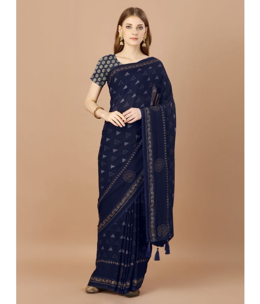     			Rekha Maniyar Fashions Georgette Printed Saree With Blouse Piece - Navy Blue ( Pack of 1 )