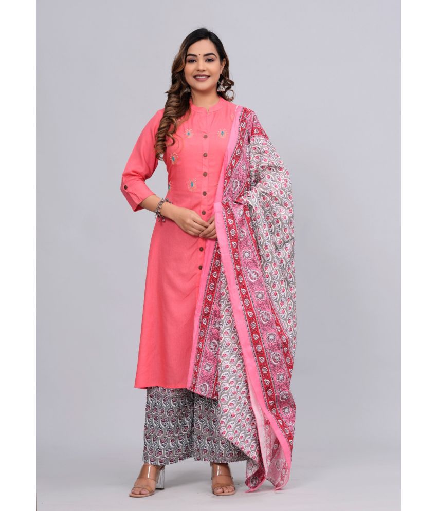    			MAUKA Rayon Embroidered Kurti With Palazzo Women's Stitched Salwar Suit - Pink ( Pack of 1 )