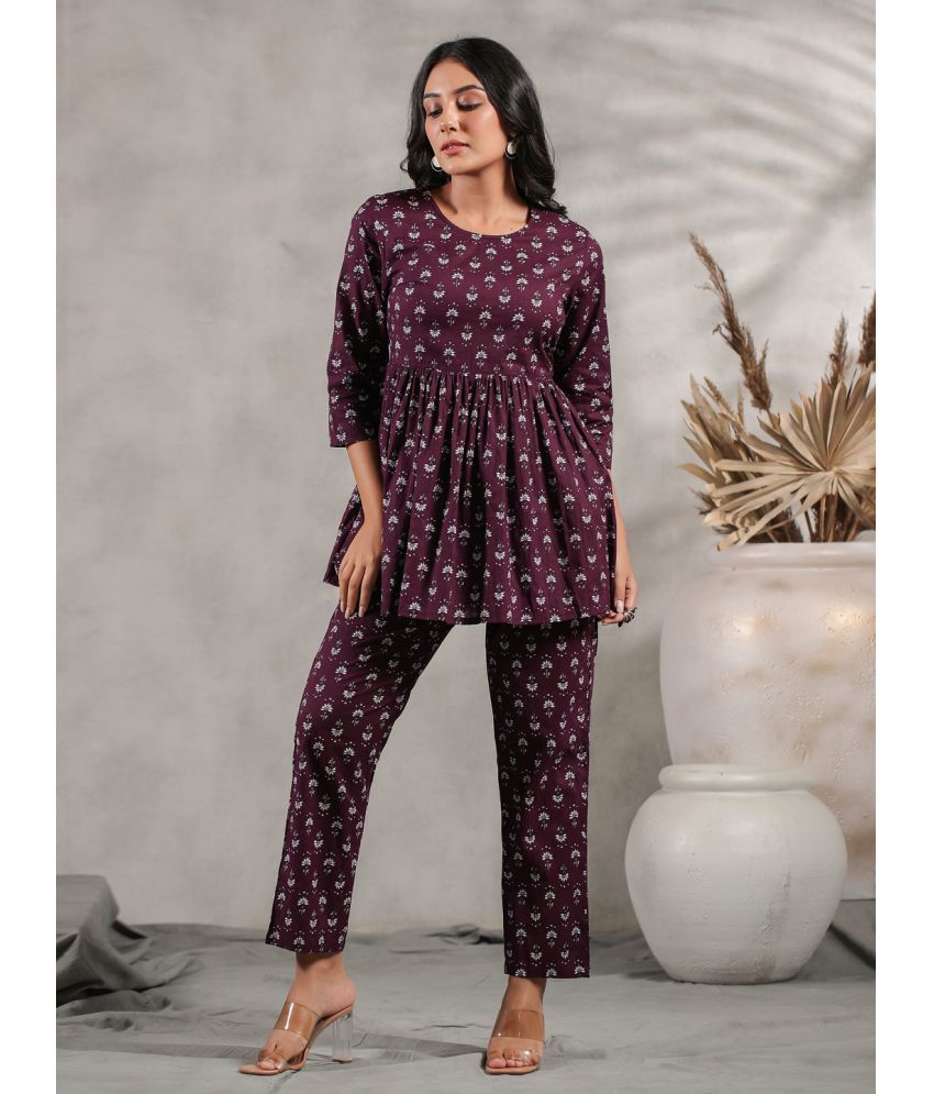     			Ethnic Motif Printed Peplum Top with Trouser Pant Set