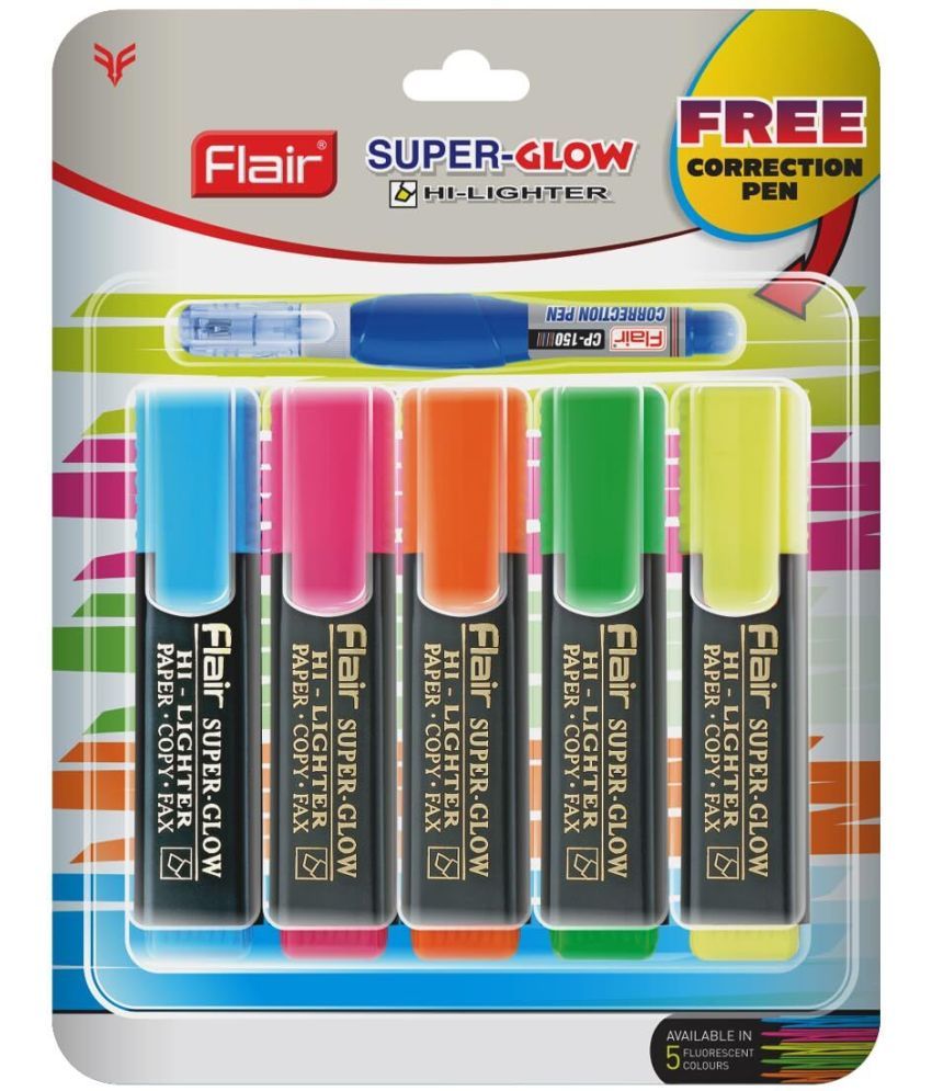     			FLAIR Non Toxic Super Glow Hi-Lighter Blister Pack | Free Correction Pen, Smart Grip (Set of 10, Multicolor)