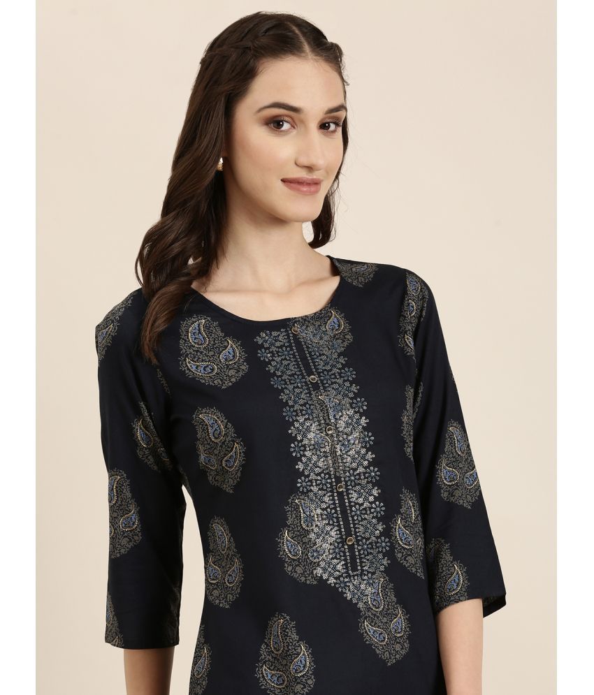     			Showoff Cotton Blend Embellished Straight Women's Kurti - Navy Blue ( Pack of 1 )