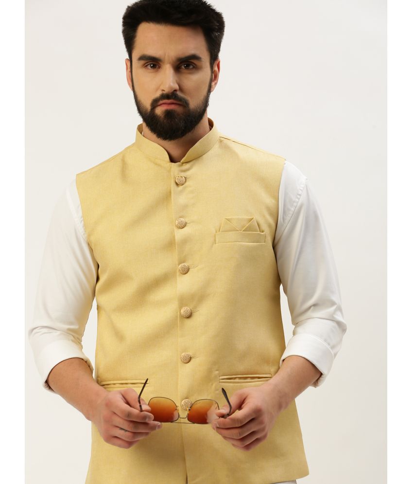     			Showoff - Yellow Cotton Blend Men's Nehru Jacket ( Pack of 1 )
