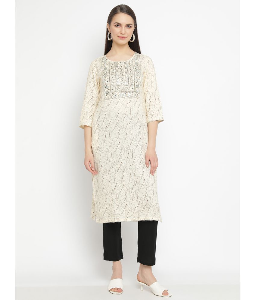     			aayusika Rayon Embroidered Straight Women's Kurti - Beige ( Pack of 1 )