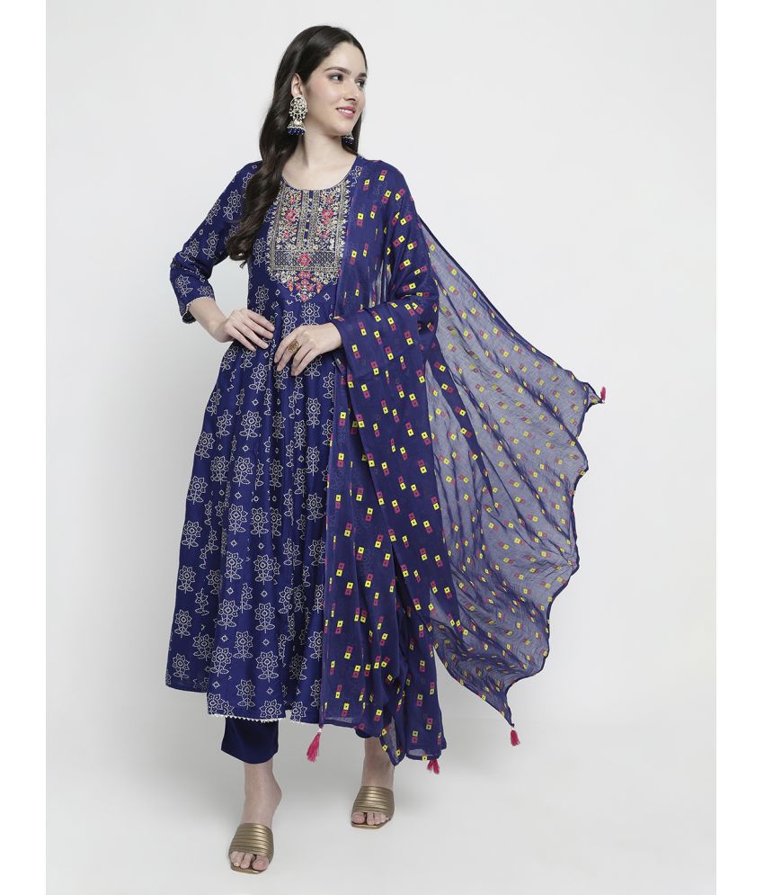     			aayusika Rayon Printed Kurti With Pants Women's Stitched Salwar Suit - Blue ( Pack of 1 )
