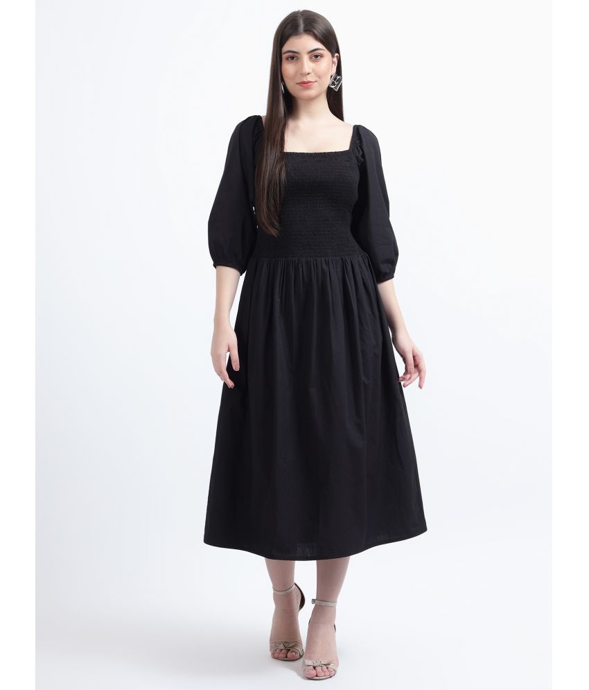     			DRAPE AND DAZZLE Cotton Blend Solid Midi Women's Fit & Flare Dress - Black ( Pack of 1 )