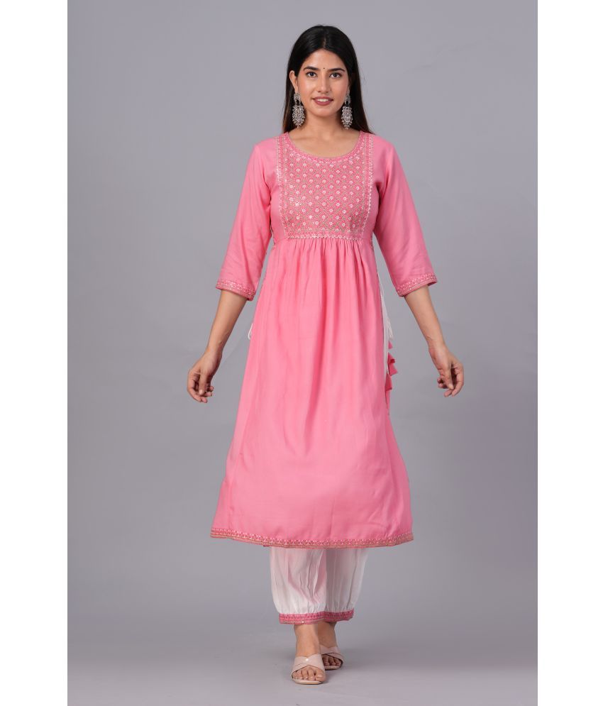     			Doriya Rayon Embroidered Kurti With Palazzo Women's Stitched Salwar Suit - Pink ( Pack of 1 )