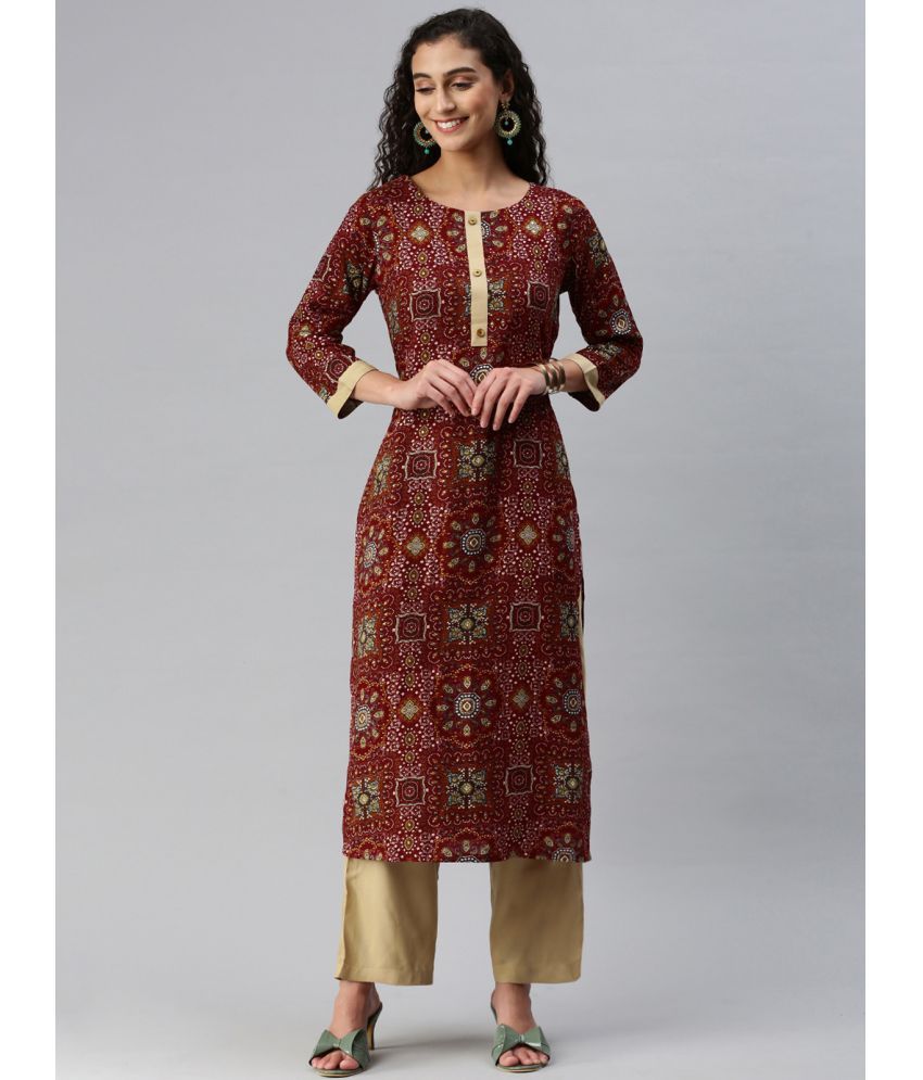     			Hritika Rayon Printed Kurti With Palazzo Women's Stitched Salwar Suit - Maroon ( Pack of 1 )