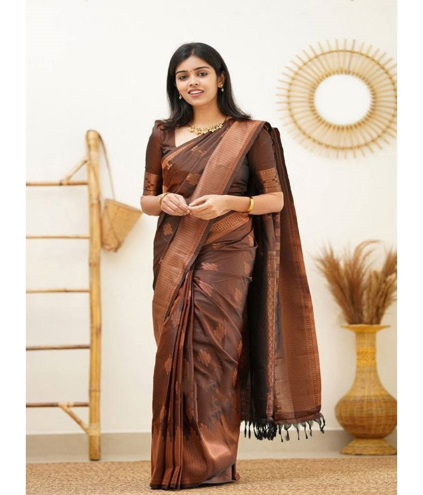     			JULEE Jacquard Embroidered Saree With Blouse Piece - Brown ( Pack of 1 )