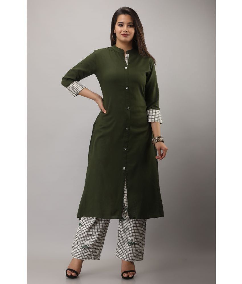     			MAUKA Rayon Solid Kurti With Palazzo Women's Stitched Salwar Suit - Green ( Pack of 1 )