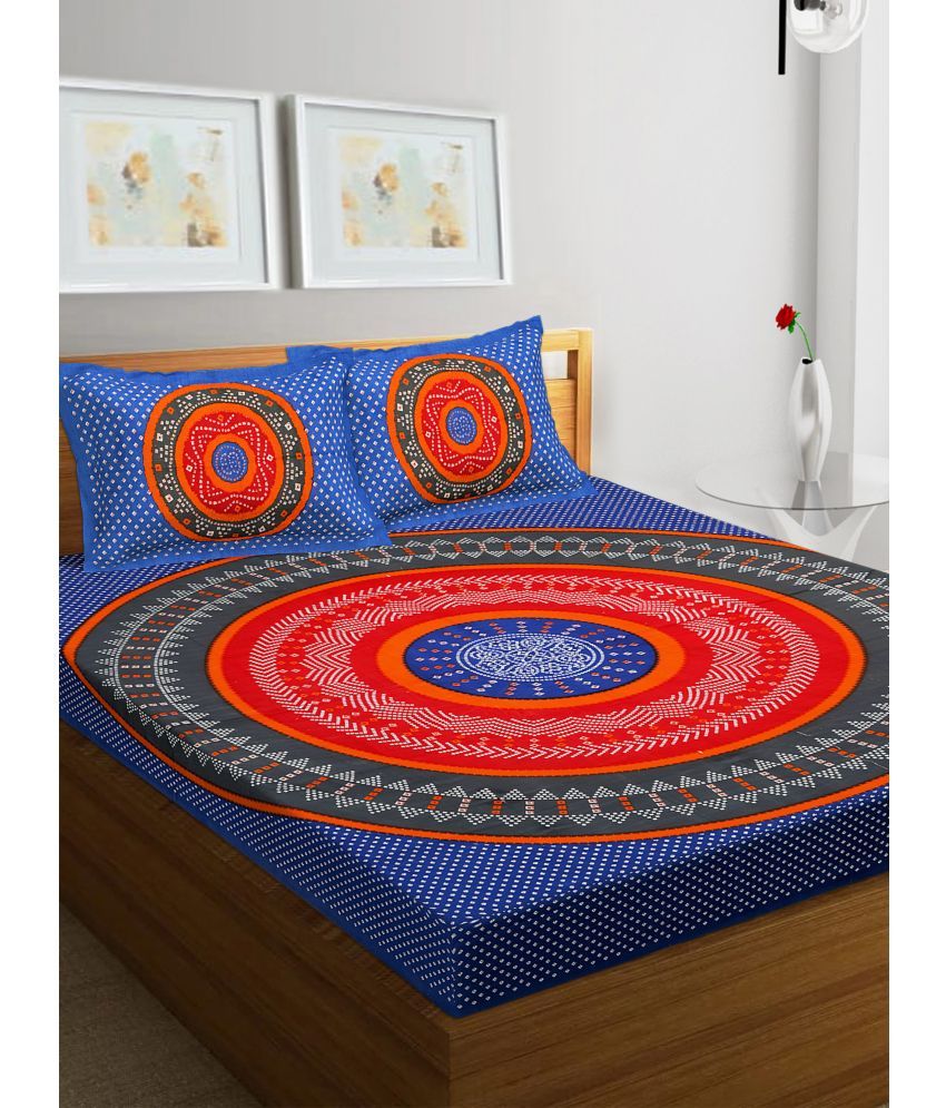     			RajasthaniKart Cotton Abstract Double Bedsheet with 2 Pillow Covers - blue