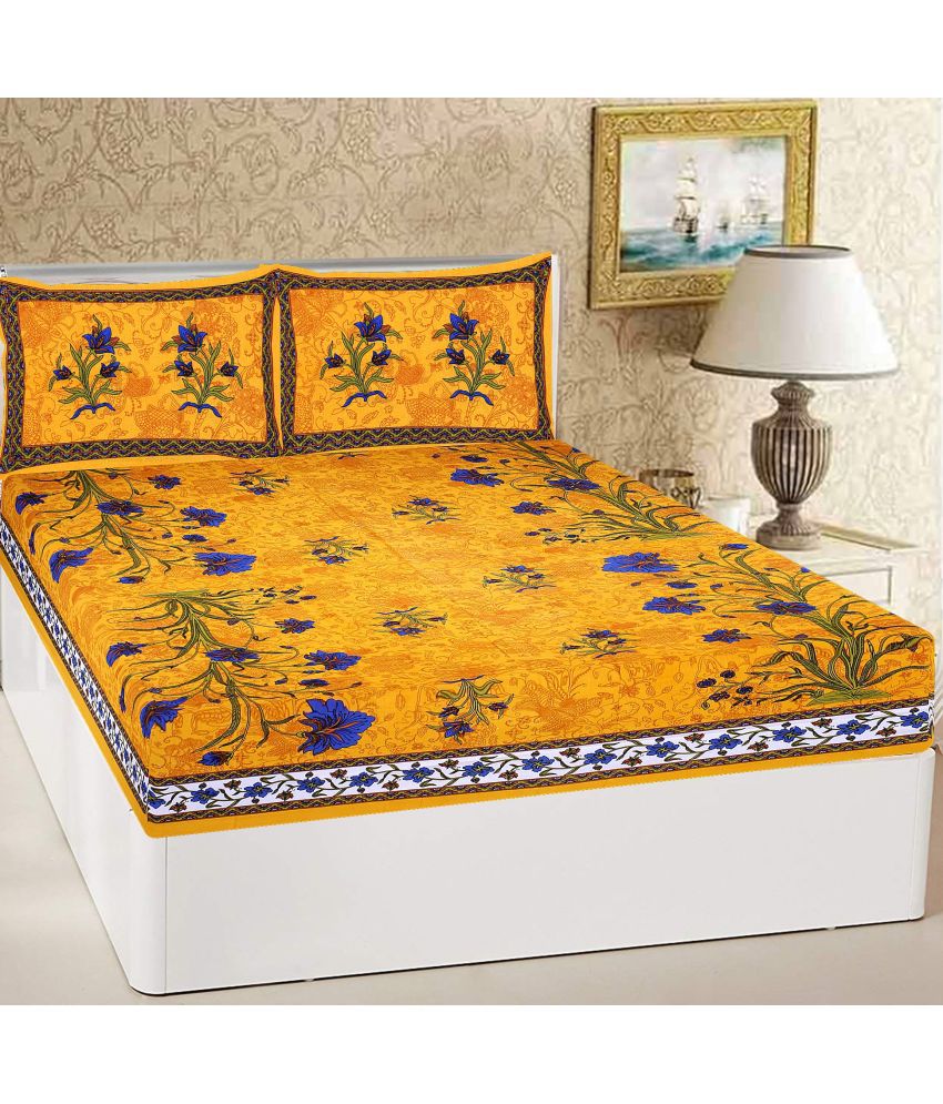     			RajasthaniKart Cotton Floral Double Bedsheet with 2 Pillow Covers - yellow