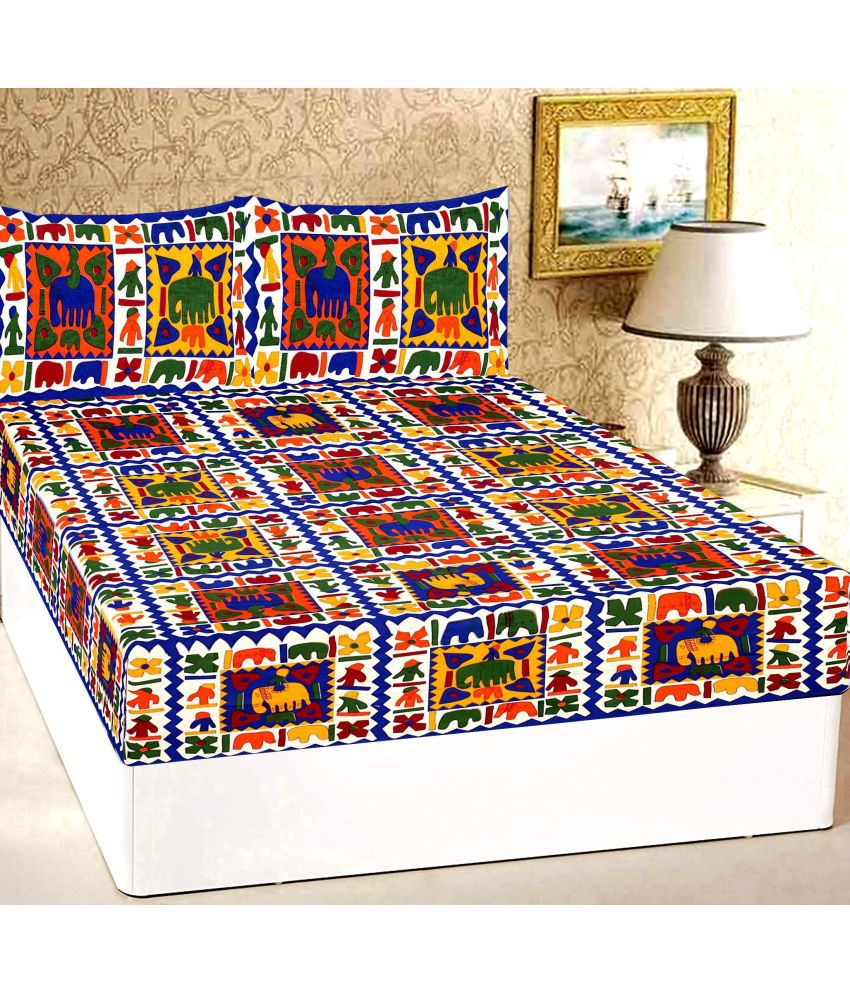    			Ethios Cotton Ethnic Double Bedsheet with 2 Pillow Covers - Blue