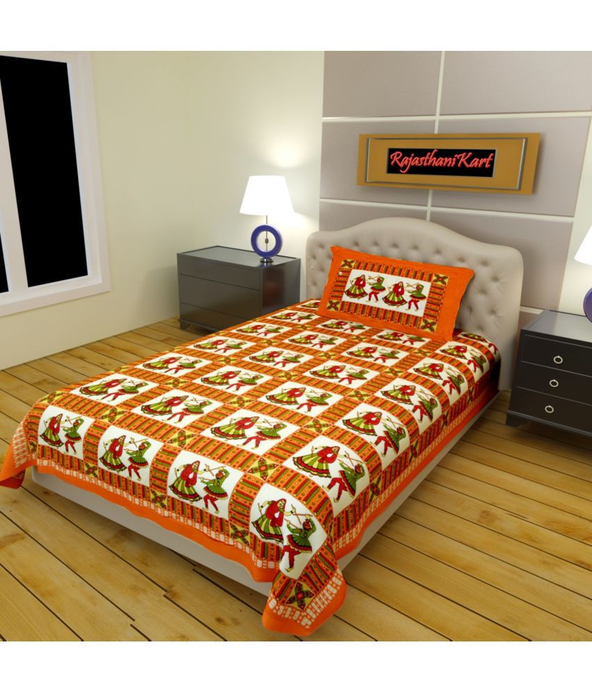     			RajasthaniKart Cotton Ethnic Single Bedsheet with 1 Pillow Cover - orange