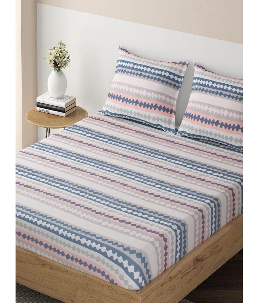     			HOKIPO Microfibre Horizontal Striped Fitted Fitted bedsheet with 2 Pillow Covers ( Queen Size ) - Blue