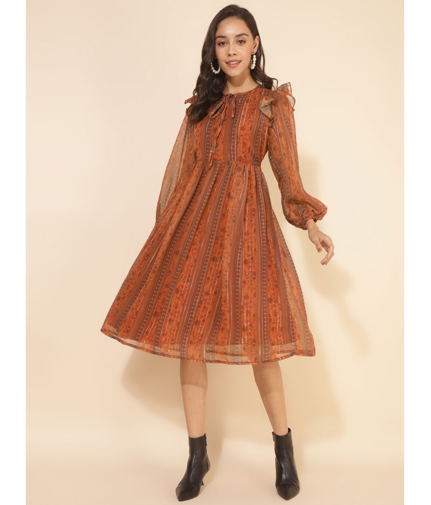     			Janasya Chiffon Printed Midi Women's Fit & Flare Dress - Rust ( Pack of 1 )