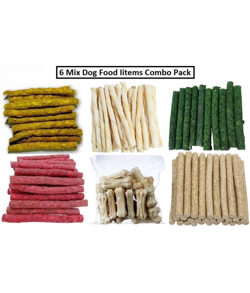     			The Treat Home 6 Food Items Munchy Sticks (Chicken, Mutton, Egg, Natural) Flavor, White Stick & Bone (Each 50Gm) Pack
